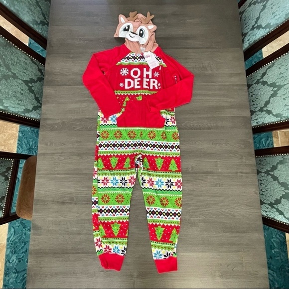 Justice kids Christmas Reindeer pjs onesie jumpsuit unisex size 6/7 NEW - Picture 2 of 9